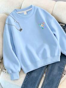 Sweatshirt Longgar untuk Anak Perempuan Ukuran Besar Musim Gugur/Dingin, Motif Bebek Lucu, Pelampung Renang, Huruf, Cetakan Dua Sisi, Atasan Kasual Nyaman untuk Kampus Sehari-hari - Baby Blue - View 2