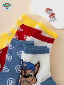 6 Pairs Paw Patrol Series Authentic Chase Rubble Paw Print Contrast Color Cartoon Children's Mid-Calf Socks - Multicolor - View 3