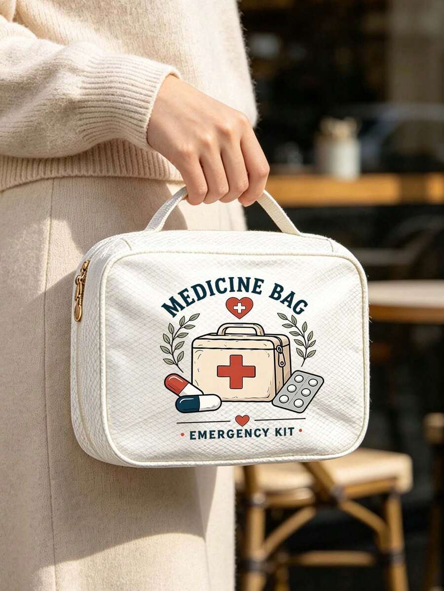 Large Capacity Medicine Bag With Vintage "Medicine" Print,Travel Portable First Aid Kit,Ring Binder Style Storage Bag,Multi-Pocket Medical Organizer - Multicolor - View 1