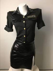 Cool All-Black Police Uniform Style Women's Set, Workwear Shirt With Patch Pocket On Chest, Leather Texture Slit Skirt, Y2K Uniform Style Nightclub Outfit - Black - View 2