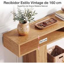 Recibidor de Entrada Mueble y Credenza Recibidor de 160 x 30 x 80 cm, Mesa de Entrada de 2 Niveles Vintage, Mesa Consola Auxiliar con Estante para Entrada (Madera Natural) - Madera Natural - Ver 4