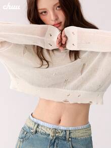 CHUU Women's Hollow Out Distressed Knit Sweater, Autumn Sweet & Cool Loose Fit Versatile Design Crop Top - Apricot - View 3