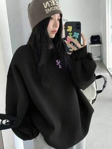 Korean Niche Purple Select Best Small Logo Crew Neck Sweatshirt Black Loose Slouchy Daily Commute Autumn Top - Black - View 5