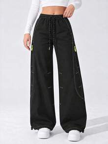 Women's Black Cargo Pants With Wide Leg, Drawstring Elastic Waist, Contrast Stitching, Zipper Pockets And Adjustable Hems - Black - View 5