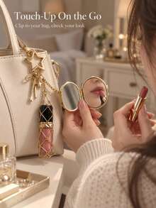 1pc Metal Woven Lipstick Mesh Pouch Keychain Heart & Star Shaped With Foldable Makeup Mirror Lip Gloss Storage Bag Pendant Portable Touch-Up Accessory Autumn Outfit Essential - Multicolor - View 3