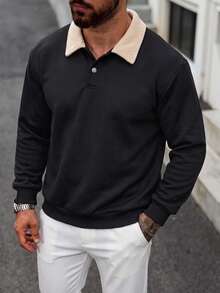 Men's Contrast Color Fleece Collar Polo Sweatshirt, Solid Color Button Placket Long Sleeve Drop Shoulder Casual Pullover Streetwear Top - Black - View 1