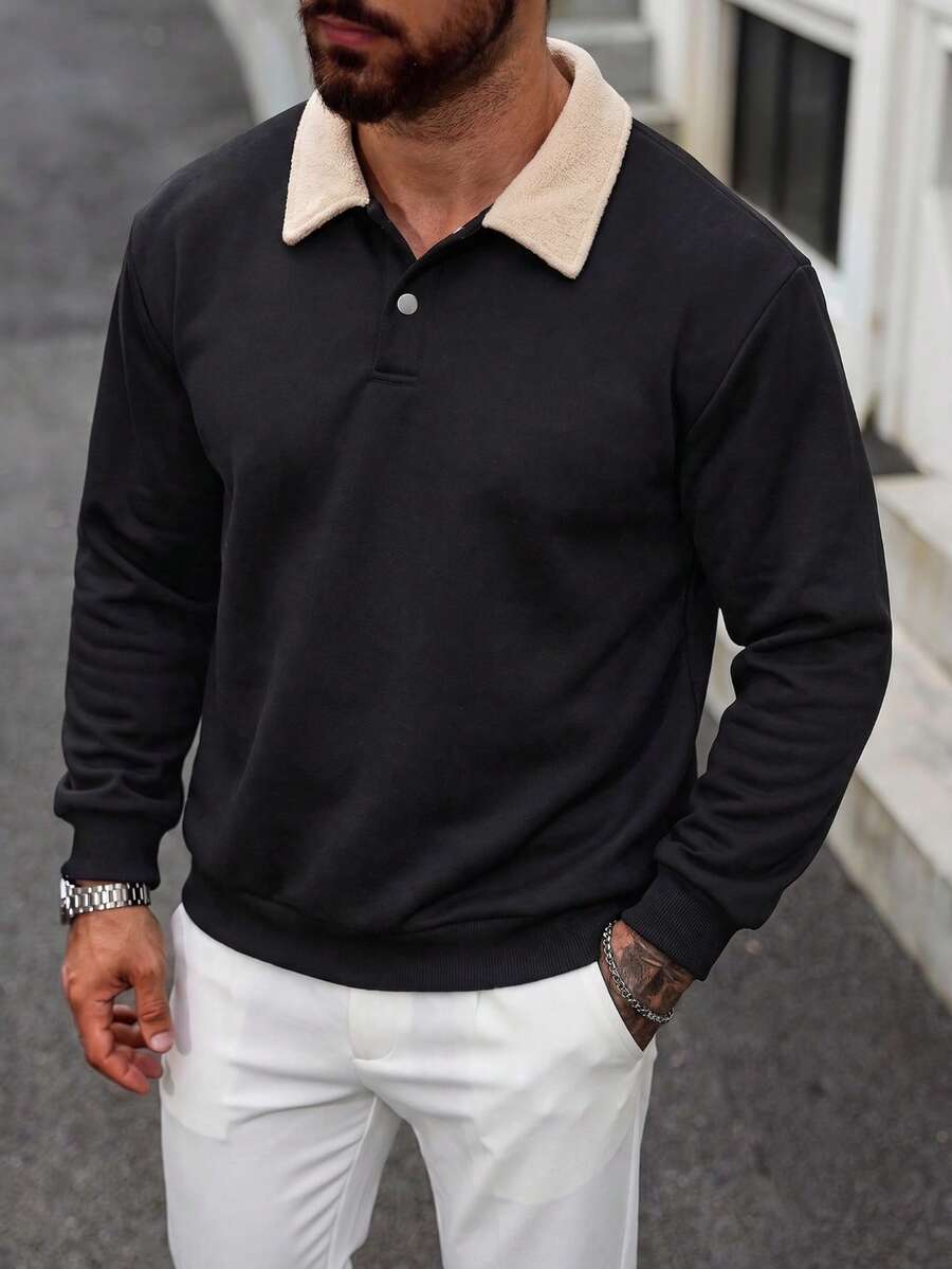 Men's Contrast Color Fleece Collar Polo Sweatshirt, Solid Color Button Placket Long Sleeve Drop Shoulder Casual Pullover Streetwear Top - Black - View 1