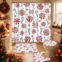 1/4pcs Christmas Candy Cane & Snowflake Pattern Shower Curtain Set With 12 Hooks, Polyester Fabric Bathroom Decor, Machine Washable Holiday Shower Curtain, Suitable For Winter Wonderland Theme, Easy Installation - A - View 5