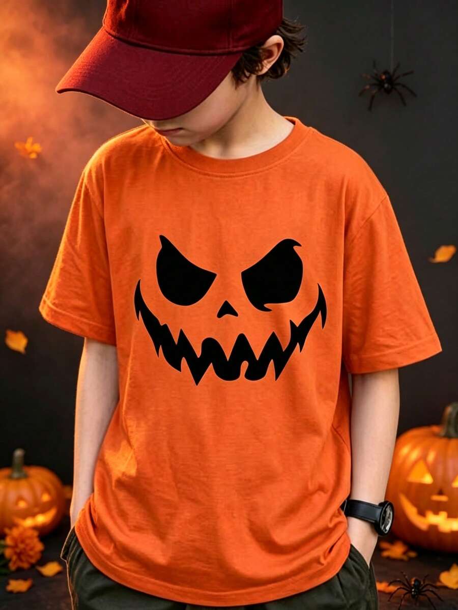 Playera manga corta para niño, estampado cara de calabaza, ropa temática para Halloween y Día de Muertos - Naranja - Ver 1