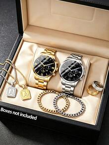 8pcs New Business Men's Watch Set, Stainless Steel Material, Calendar Wristwatch, Letter Accessories, Daily Life - Multicolor - View 1