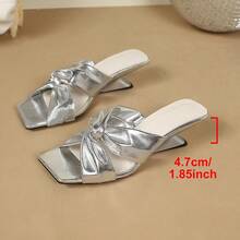 Silver Bow Square Toe Low Heel Slide Sandals PU Leather Bow Party Holiday Outdoor Wedding - Silver - View 6