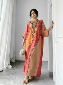 Women's Loose Long Kaftan Robe With Stand Collar And Round Collar, Gold Embroidery Pattern, Stand-Up Collar, Elegant Arabic Style, Suitable For Ramadan, Eid And Various Gatherings - Orange - View 7