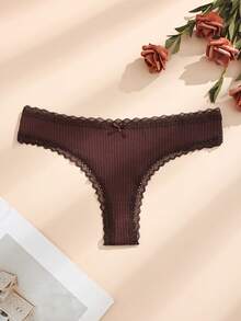 9pcs Random Color Low Waist Lace Patchwork Bow Ribbed Sexy Women Thong Panties Elastic Soft Comfortable Women Underwear - Multicolor - View 7