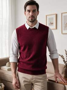 Men's Crew Neck Solid Colored Knit Sweater Vest, Autumn/Winter - Burgundy - View 4
