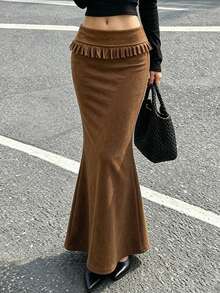 Women's Elegant Brown Polyester Tassel Long Mermaid Skirt, Autumn Casual Wear First Choice - Dark Brown - View 5