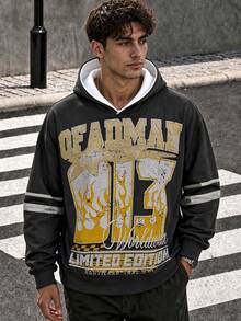 Zrgoth Men's Vintage Racing Style Distressed Print Sweatshirt, Limited Edition Streetwear Loose Fit Hoodie, Long Sleeve Drawstring Streetwear Pullover, Casual Pullover Top - Black - View 1