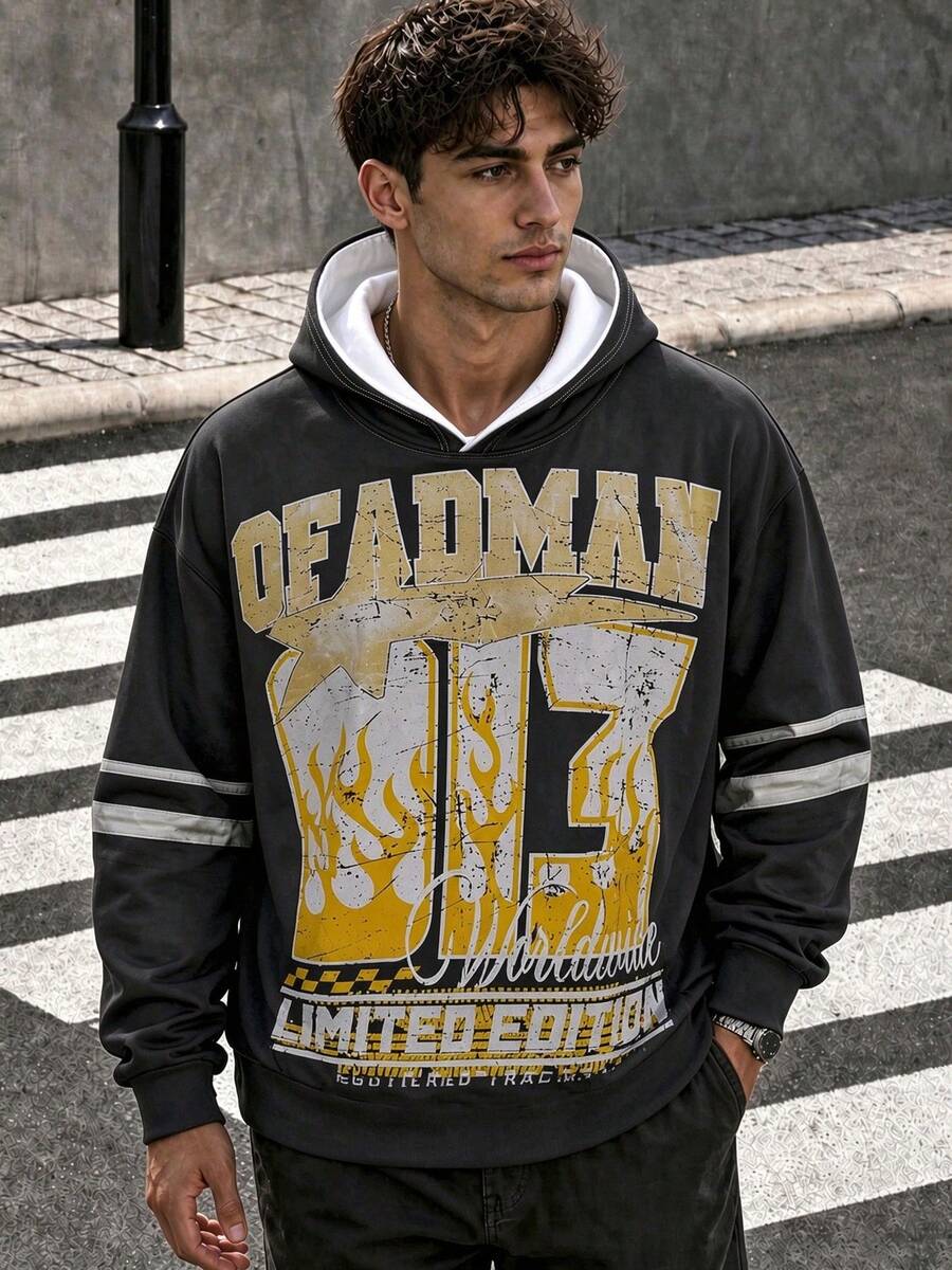 Zrgoth Men's Vintage Racing Style Distressed Print Sweatshirt, Limited Edition Streetwear Loose Fit Hoodie, Long Sleeve Drawstring Streetwear Pullover, Casual Pullover Top - Black - View 1