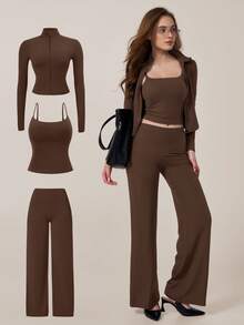 TimeOff Women's One Set Striped 2 In 1 V-Neck Halter Tank Top With Folded Waist Wide Leg Pants Running Sports Outfit - Brown - View 11