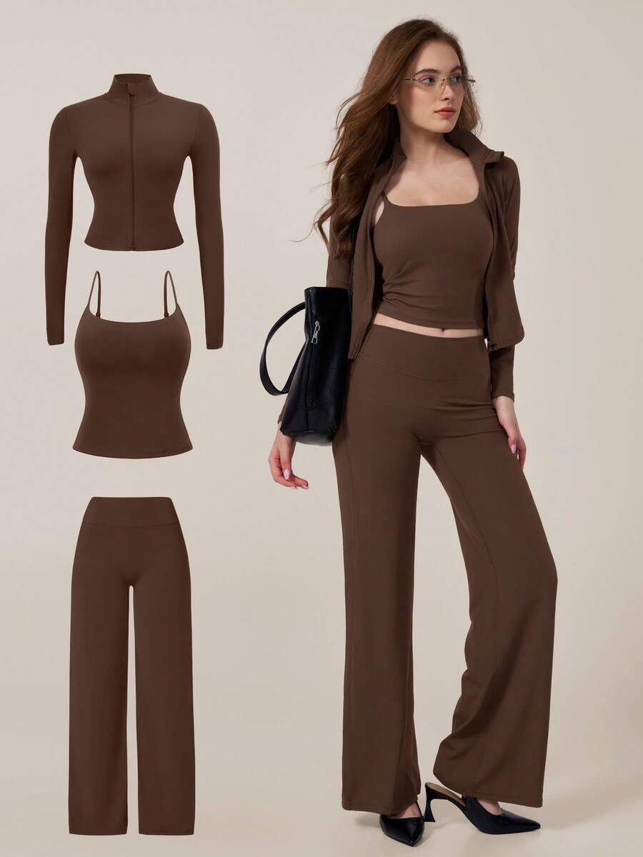 TimeOff Women's One Set Striped 2 In 1 V-Neck Halter Tank Top With Folded Waist Wide Leg Pants Running Sports Outfit - Brown - View 1