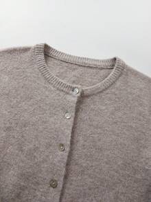 FOR BEAUTY Fall Winter Women Cardigans Quiet Luxury Oatmeal Beige Soft Fuzzy Crew Neck Long Sleeve Cropped Knit Sweater Tops Coffee Date Outfits - Camel - View 7