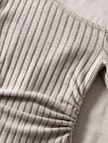 Women's Autumn/Winter Gray Floral Asymmetric Neck Ribbed Long Sleeve Bodysuit, Ruched Waist, Elastic Slim Fit, Minimalist Sexy Style, Hot Girl Base Layer For Outings And Dates, Warm Bodysuit - Flower Grey - View 7