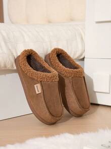 Unisex Thick Fleece Home Slippers For Autumn/Winter, Warm Comfortable Soft Sole With Thermal Lining Fuzzy Slippers, Solid Color Faux Suede Upper House Shoes - Coffee Brown - View 4