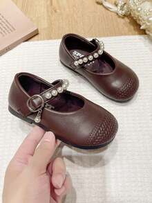 Children's Vintage Woven PU Shoes, Girls' Pearl Hook & Loop Soft Sole Princess Shoes For Party And Performance - Brown - View 7