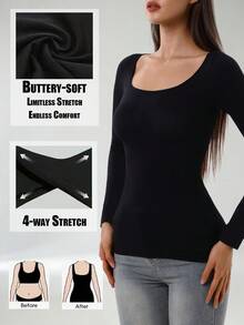 Women's Light Compression Long Sleeve T-Shirt, Round Neck Regular Length, Slim Fit, Casual Black, Spring - Black - View 3