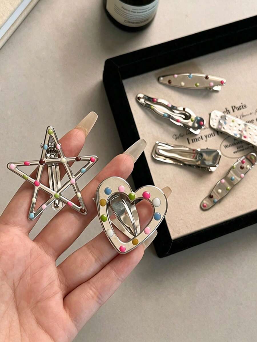 7pcs Colorful Polka Dot Metal Hair Clips, Premium Silver Bangs Clips, Side Alligator Hair Clips For Loose Hair, Versatile Hair Accessories For Women, Suitable For Daily Wear - Multicolor - View 1