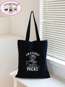 Tas Tote Wanita Minimalis Motif Tanaman Kapasitas Besar - Hitam - View 6