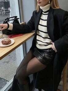 女款秋冬新款高領灰色極簡通勤修身優雅羅紋長袖針織套頭毛衣 - 米白拼黑色 - 查看 5