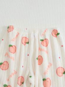 Teen Girls Cute Peach Print Flannel Pajama Set, 2-Piece Round Neck Long Sleeve Top And Pants, Soft Warm Loungewear, Suitable For Autumn/Winter Home Wear - Multicolor - View 9