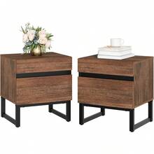 Mesa auxiliar moderna con 2 cajones, mesa de sofá de granja con patas cuadradas de hierro negro, mesa auxiliar rústica de madera para sala de estar, mesita de noche para recámara, café, 17.7 pulgadas, con estructura estable y amplio almacenamiento - Marrón - Ver 4