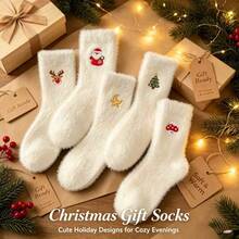 1/3/5/10 Pairs Women's Plush Christmas Mid-Calf Socks, Cute Santa Claus Reindeer Christmas Tree Pattern, Soft Fluffy Warm, Holiday Christmas Gift Socks - White - View 1