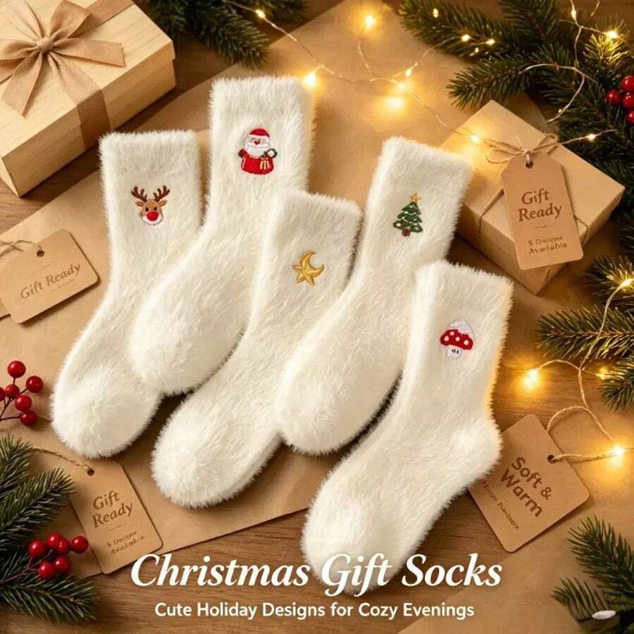 1/3/5/10 Pairs Women's Plush Christmas Mid-Calf Socks, Cute Santa Claus Reindeer Christmas Tree Pattern, Soft Fluffy Warm, Holiday Christmas Gift Socks - White - View 1