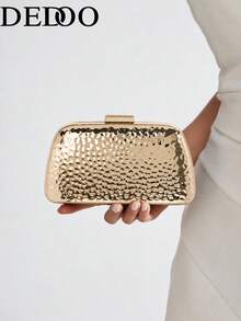 Dedoo 1pc Fashion Metal Decor Mini Box Clutch, Elegant Shiny Metal Strip Design, Luxury Style For Women, Suitable For Evening Party, Wedding, Ball - Gold - View 2