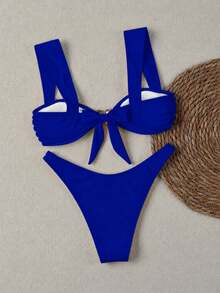 A Two Pieces Bikini Set In Sapphire Blue With A Metal Shell Decoration, An Elegant And Casual Summer Beach Vacation Party Swimsuit Set - Royal Blue - View 4