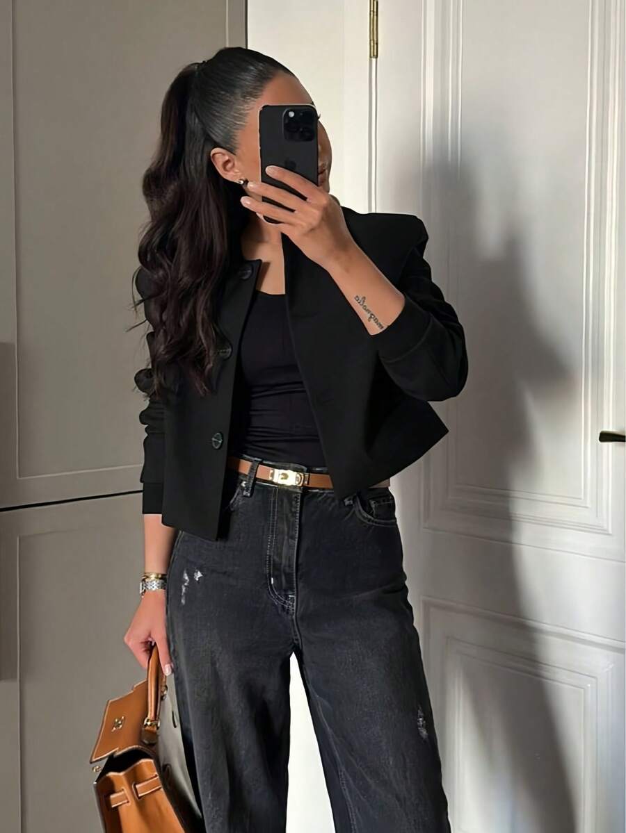 Women's Black Stand Collar Short Blazer, Button Front, Long Sleeve, Regular Length, Polyester Fabric, Non-Stretch, Suitable For Autumn/Winter - Black - View 1