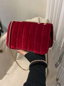 簡約天鵝絨刺繡線條鏈條包 - 紅色 - 查看 7