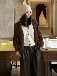 Autumn/Winter Color Block 2 In 1 V-Neck Casual Cardigan Knit Sweater - Coffee Brown - View 9