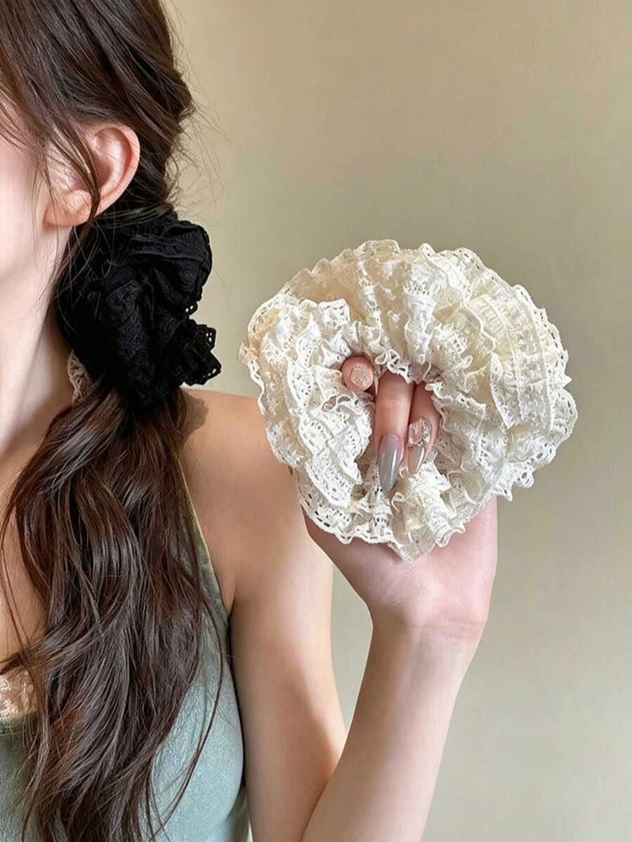 2pcs Multi-Layer Lace Ruffle Scrunchies, Elegant Ponytail Hair Ties, Elegant Mesh Hair Rope Headpiece, Versatile High Elasticity Women's Hair Accessories - Multicolor - View 1