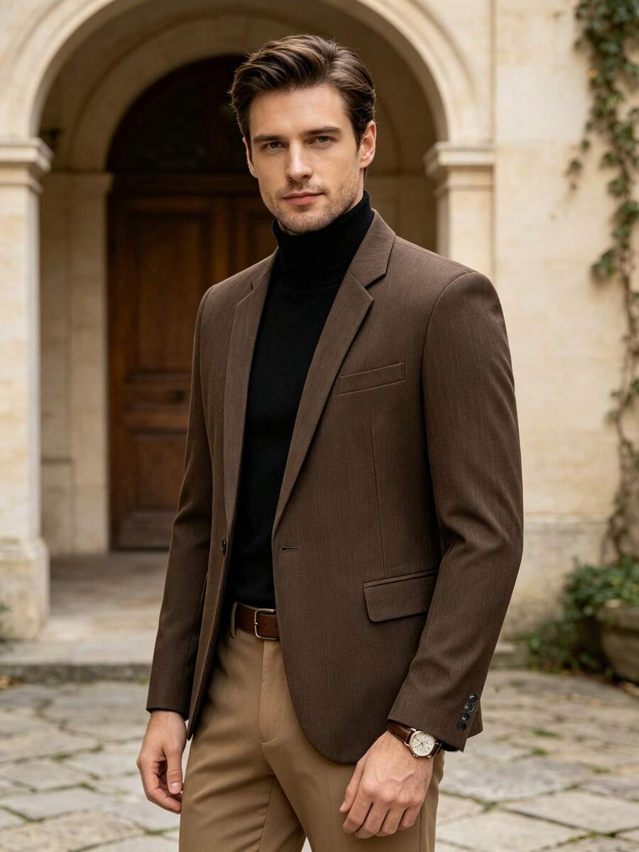 Men's Solid Color Casual Versatile Commute Travel Blazer - Brown - View 1