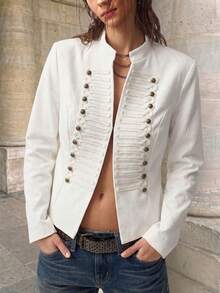 Vintage Women's Autumn/Winter Casual Elegant Fashion Glamorous Napoleon Style Gold Button Double-Breasted Decorated Stand Collar Short Jacket For Party, Outing, Daily Wear And Celebration - White - View 7