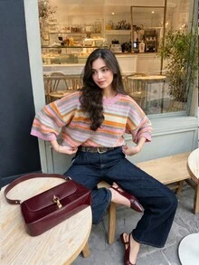 Women's New Autumn Colorblock Striped Knit Top, Casual Daily Commute College Style - Pink and Orange - View 3