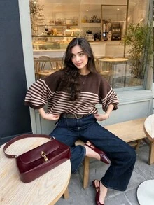 MORI Autumn/Winter Chocolate Brown Striped Knit Round Neck Short Sleeve Loose Pullover Sweater For Women, Suitable For Coffee Shop Date Travel Outfit - Black Tea Brown & Beige - View 4