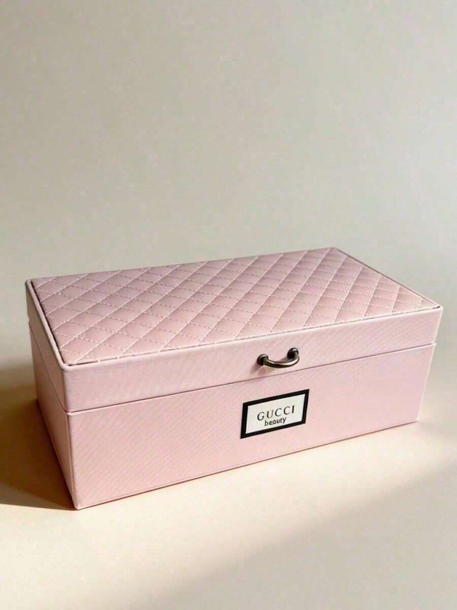 Gucci Pink Floral Lining Multi-Compartment Makeup Storage Box, Bedroom Vanity Skincare & Jewelry Organizer With Handle, Dust-Proof Home Desktop Storage, Birthday Anniversary Gift For Girlfriend & Best Friend - Pink - View 1