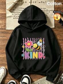2026 Autumn/Winter Custom Loose Black Sweatshirt, Girls' Style, Cute Cartoon Design With Flowers, Little Bees And Colorful KIND Lettering - Black - View 4