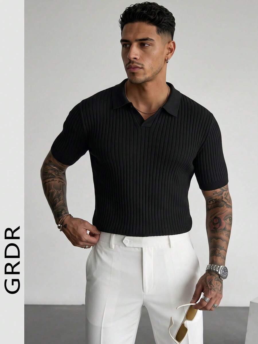 GRDR Men's Summer Solid Color Polo Collar Short Sleeve Knit Sweater, Suitable For Summer Outings, Essential For Fashionable Styling