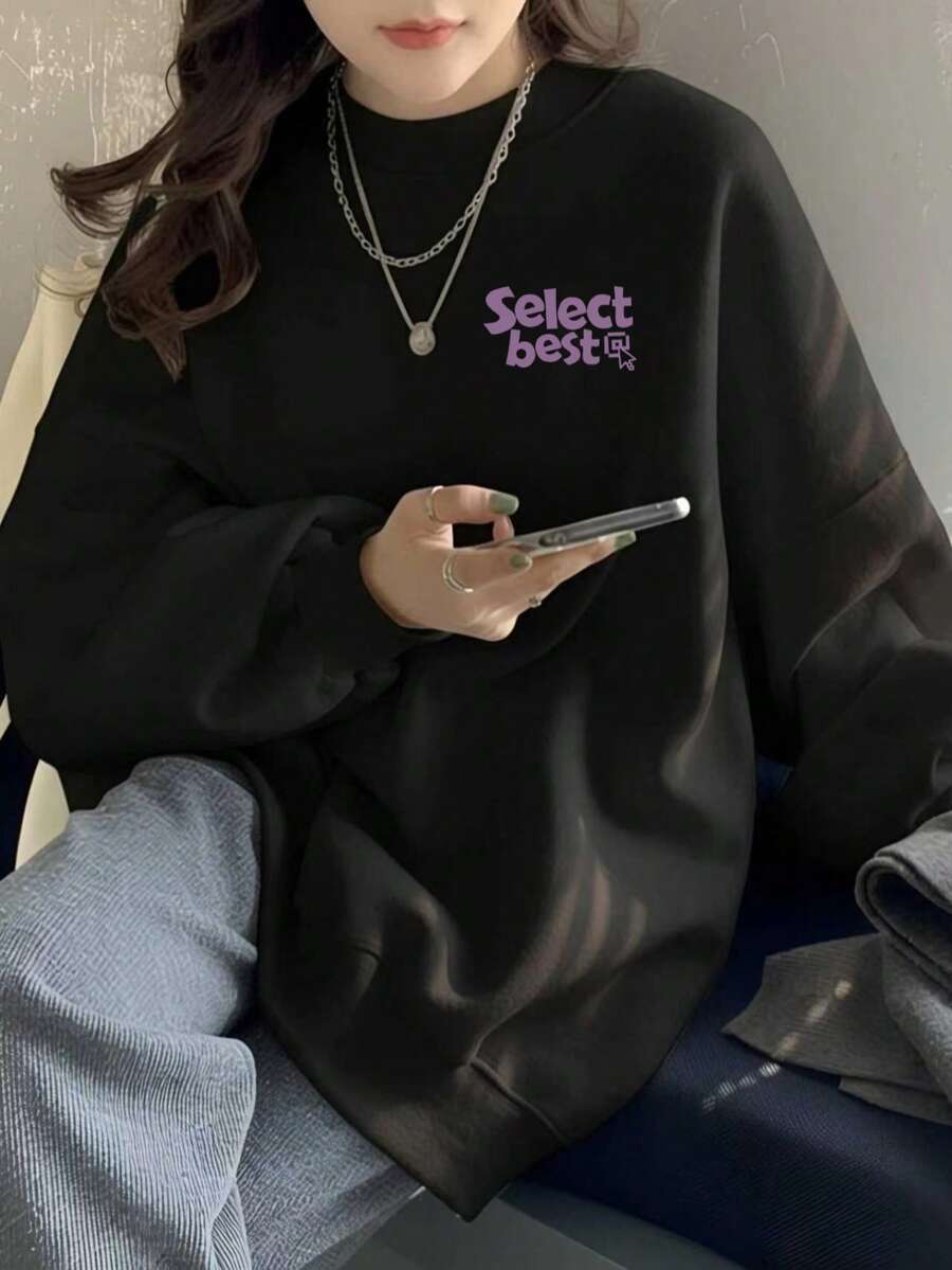 Korean Niche Purple Select Best Small Logo Crew Neck Sweatshirt Black Loose Slouchy Daily Commute Autumn Top - Black - View 1