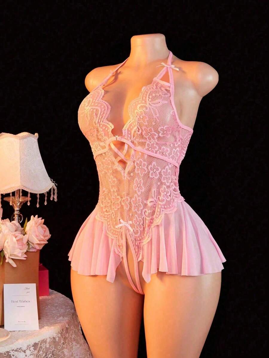 Sexy Lingerie, Open Crotch Design, Floral Lace Patchwork Ruffle Trim Elegant Women's One-Piece Nightgown, Bedroom Seduction Set - Pink - View 1